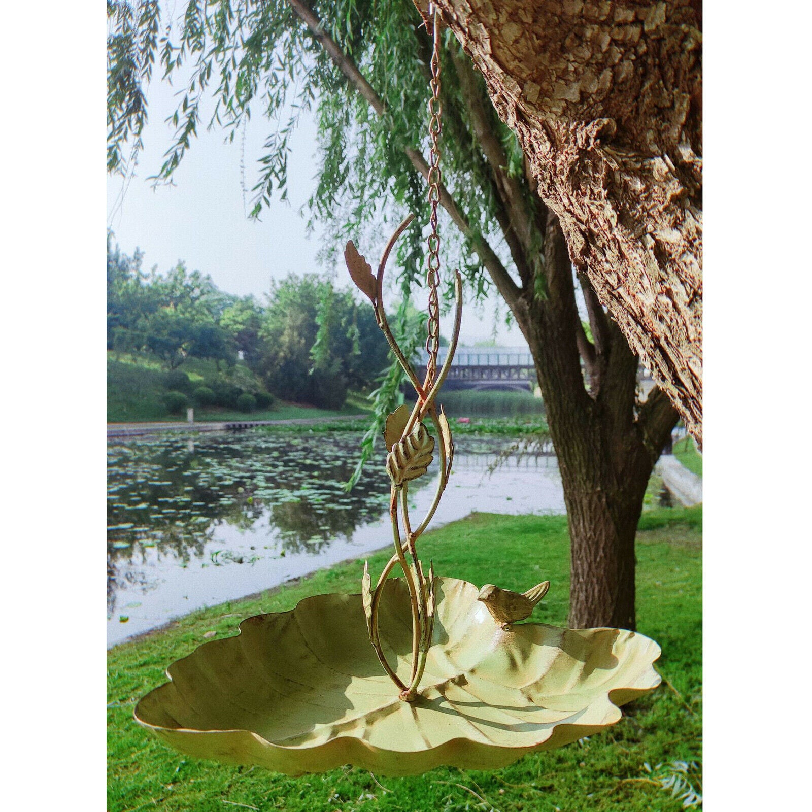Metal Lotus Leaf Shape Bird Feeder Tray Hanging Backyard Decor Open Style