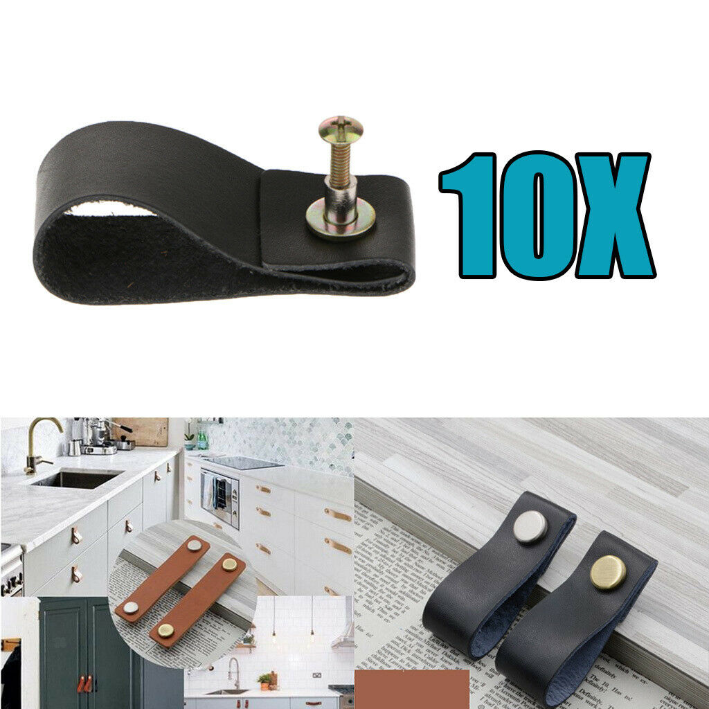 10x PU Leather Drawer Cabinet Pulls Kitchen Closet Knob Handle Black Color