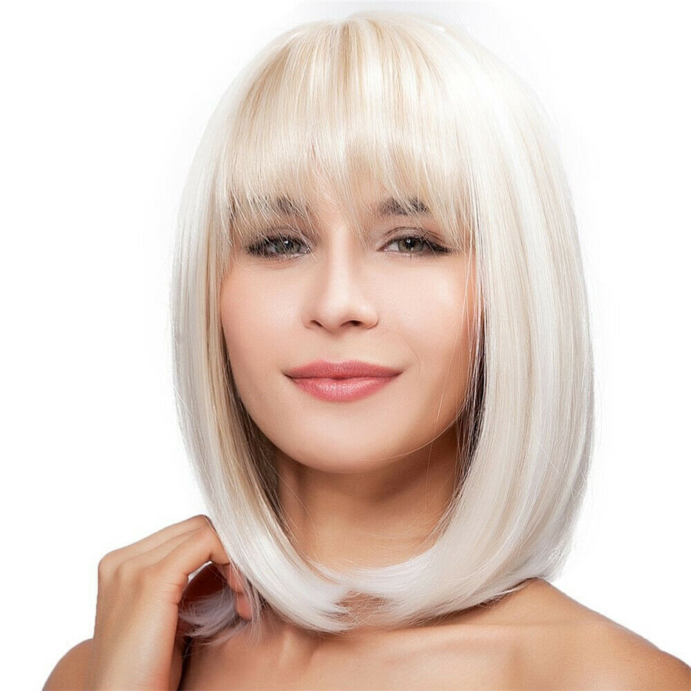 White Ombre Short Bob Wigs Heat Resistant Synthetic Straight Wig with Bangs LIN