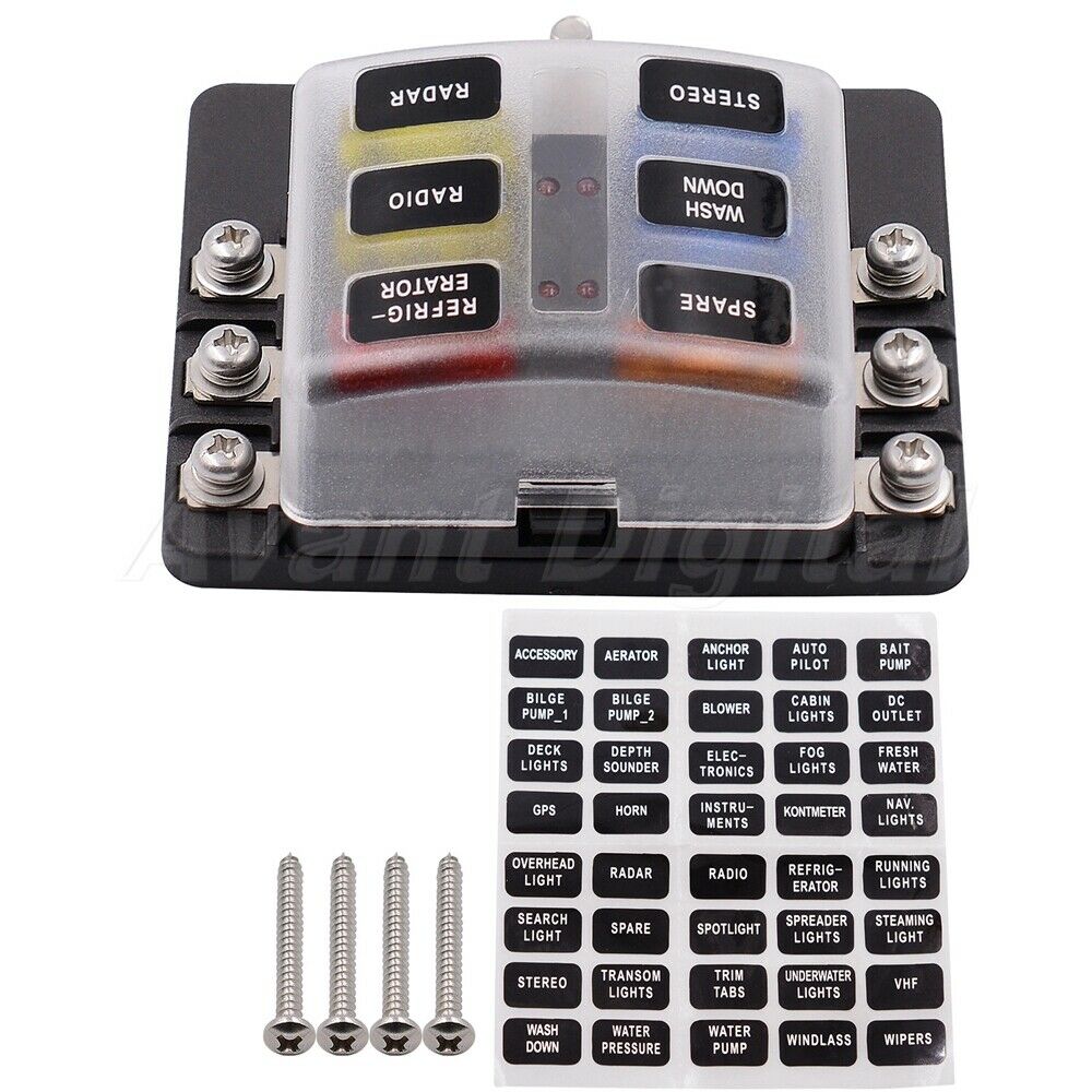 6 Way Blade Fuse Box Holder 12V/32V Fuse Box Kit with Cover &LED Indicator Light