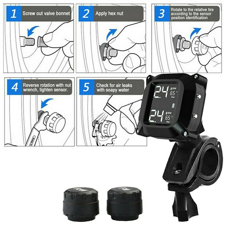 Motorcycle Wireless Tire Pressure Monitoring System with 2 Tmps Sensor Black qu
