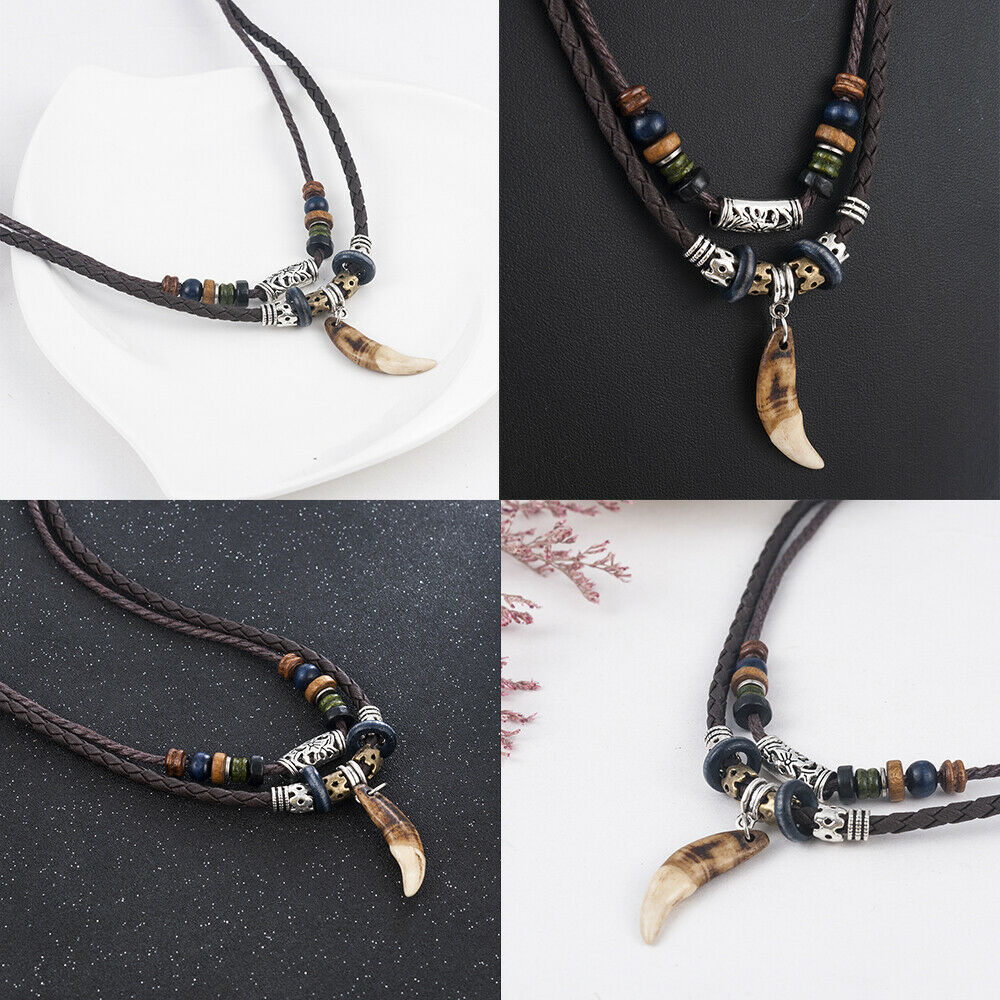 Men's Boho Amulet Wolf Tooth Pendant Beaded Weaved Rope Necklace Jewelry Gift