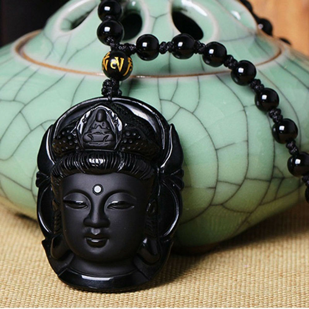 Natural Black Obsidian Carved Buddha Head Lucky Amulet Pendant Necklace Women
