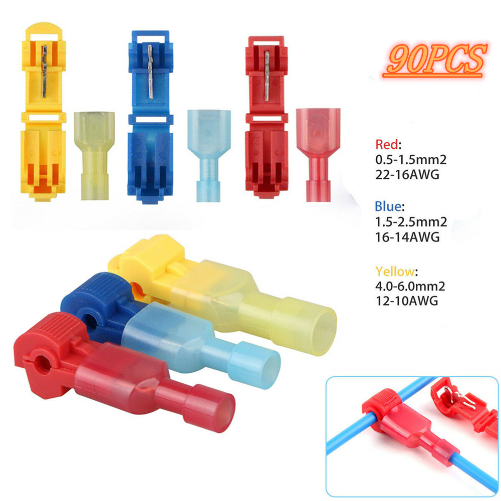 90PCS Insulated 22-10 AWG T-Taps Quick Splice Wire Terminal Connectors Combo Kit