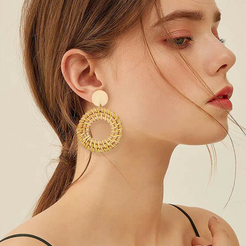 Korea Bamboo Wooden Straw Weave Rattan Knit Vine Circle Earrings for Wom.l8
