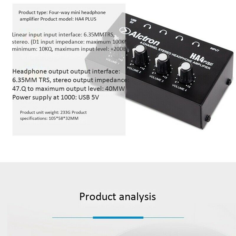 Alctron 4-Channel Portable Stereo Headphone Amplifier Mini Earphone Splitter AU2
