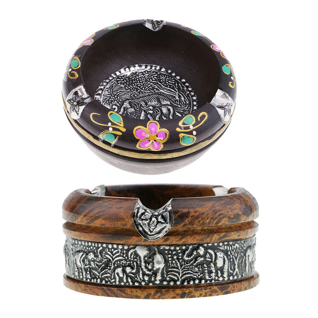 2x Leopard/Painted Print Solid Wooden Ashtrays Round Thailand Style Ashtrays
