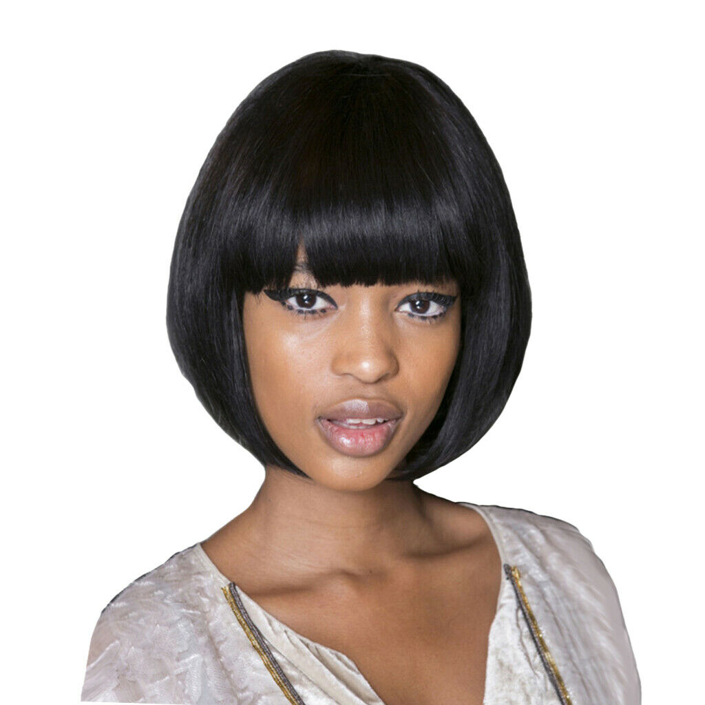 12'' Women Short Straight Synthetic Bob Full Hair Wigs With Bangs + Wig