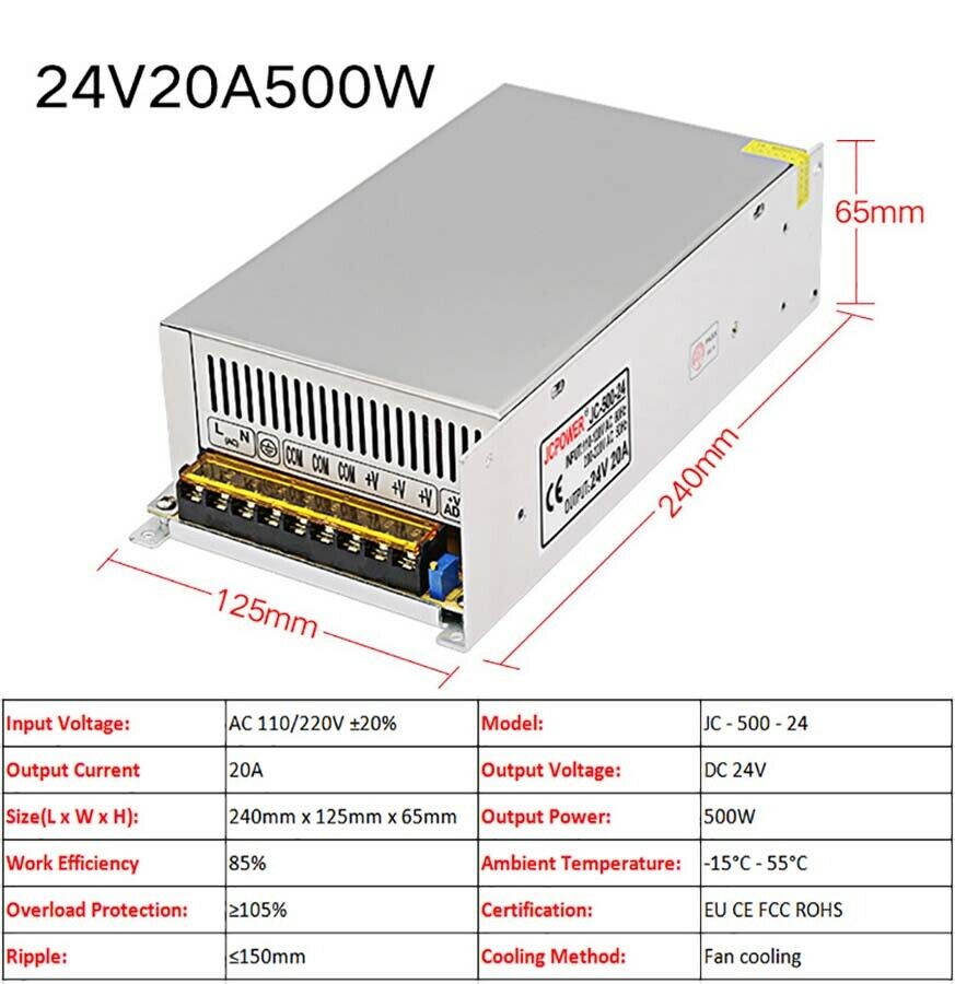 24V 20A 500W Regulated Switching Power Supply Transformer PSU DC Built-in Fan