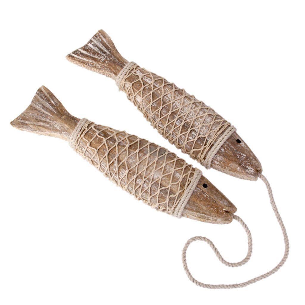 2x Hand Carved Nautical Wooden Marine Fish Rope Wall Hanging Home