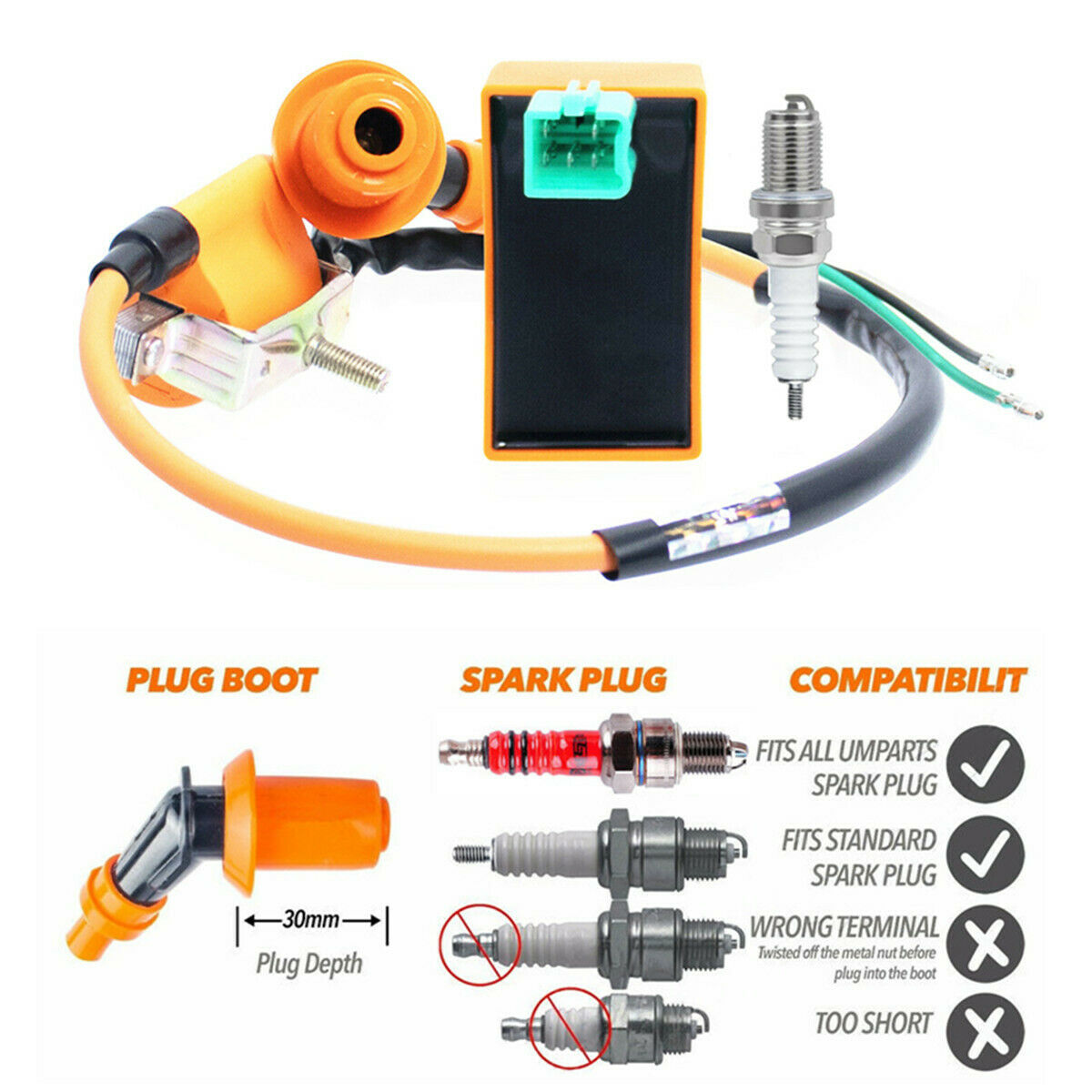 12V Ignition Coil +5-Pin AC CDI Box +Spark Plug For 50CC 70CC 110CC Chinese ATV