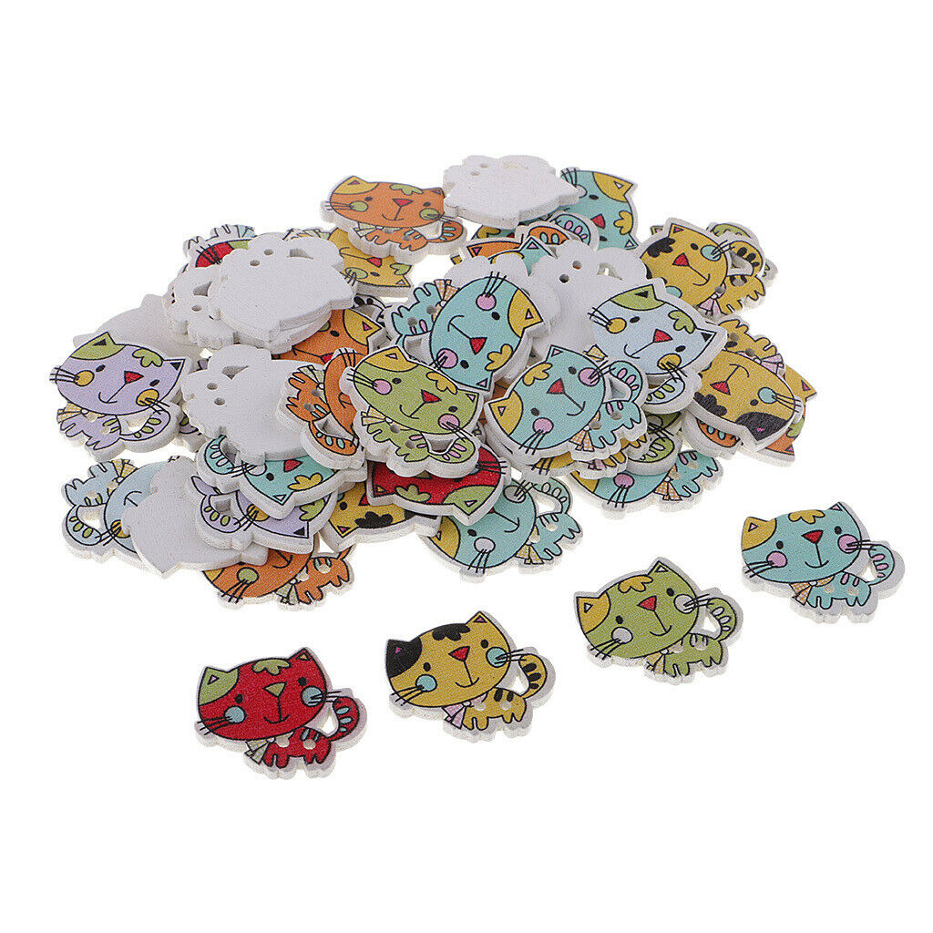 50pcs Lovely Cartoon Cat 2 Holes Wooden Buttons Decorative Buttons For DIY
