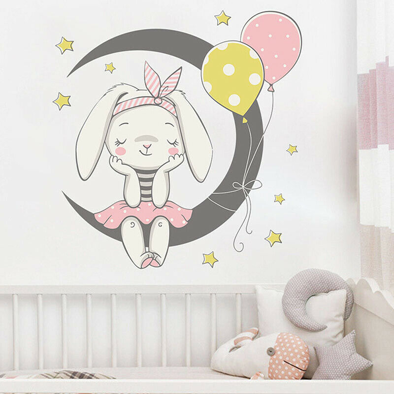 Cartoon Moon Bunny Wall Stickers Paper Kids Room Home Decor Background St.l8