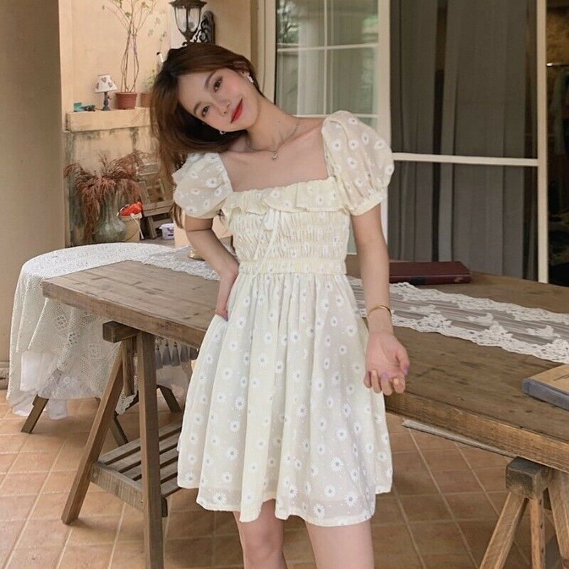 Women Girl Daisy Floral Dress Ruffle Short Puff Sleeve Mini Square Collar Sweet