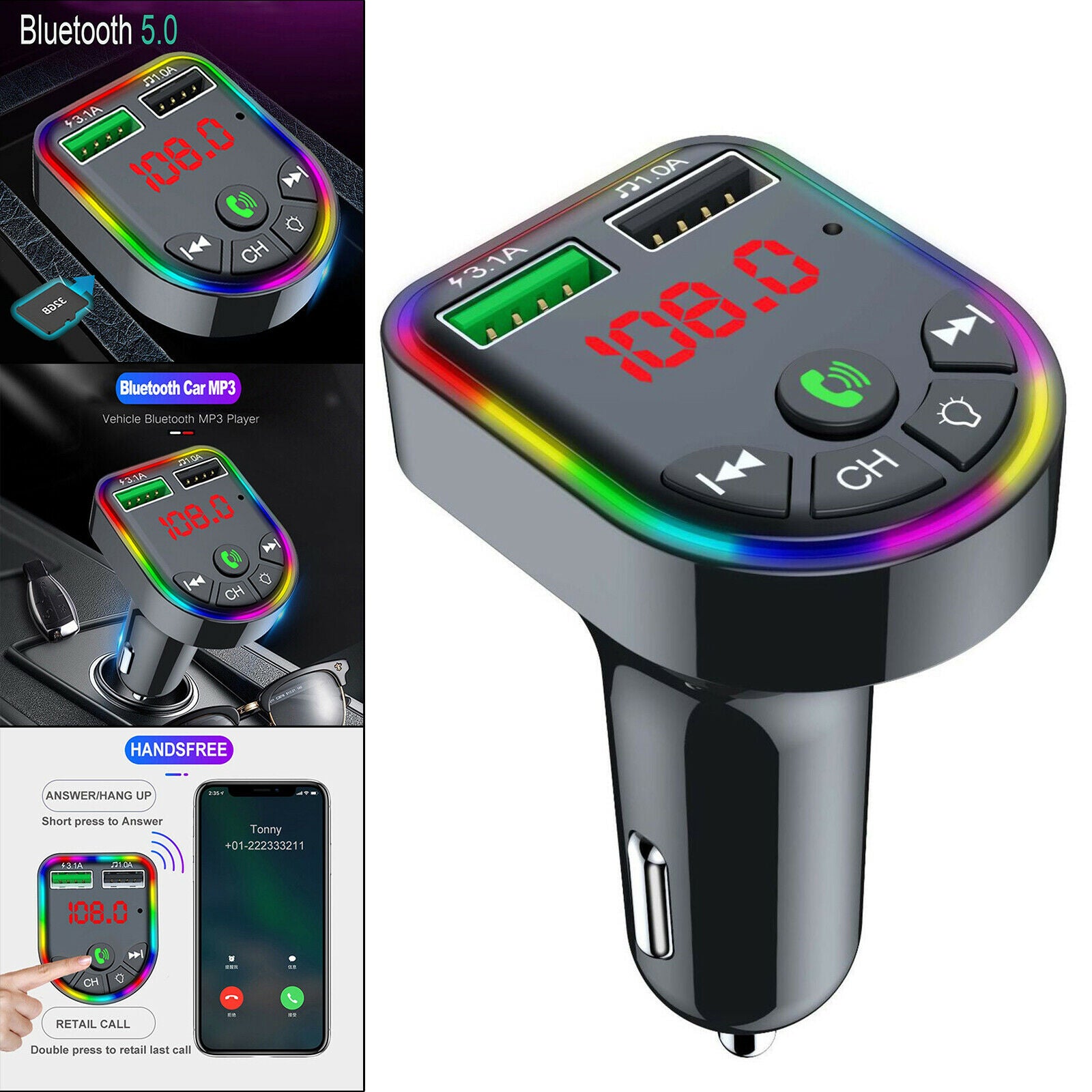 Car Charger Bluetooth FM Transmitter Quick Charge Support TF Card USB Drive