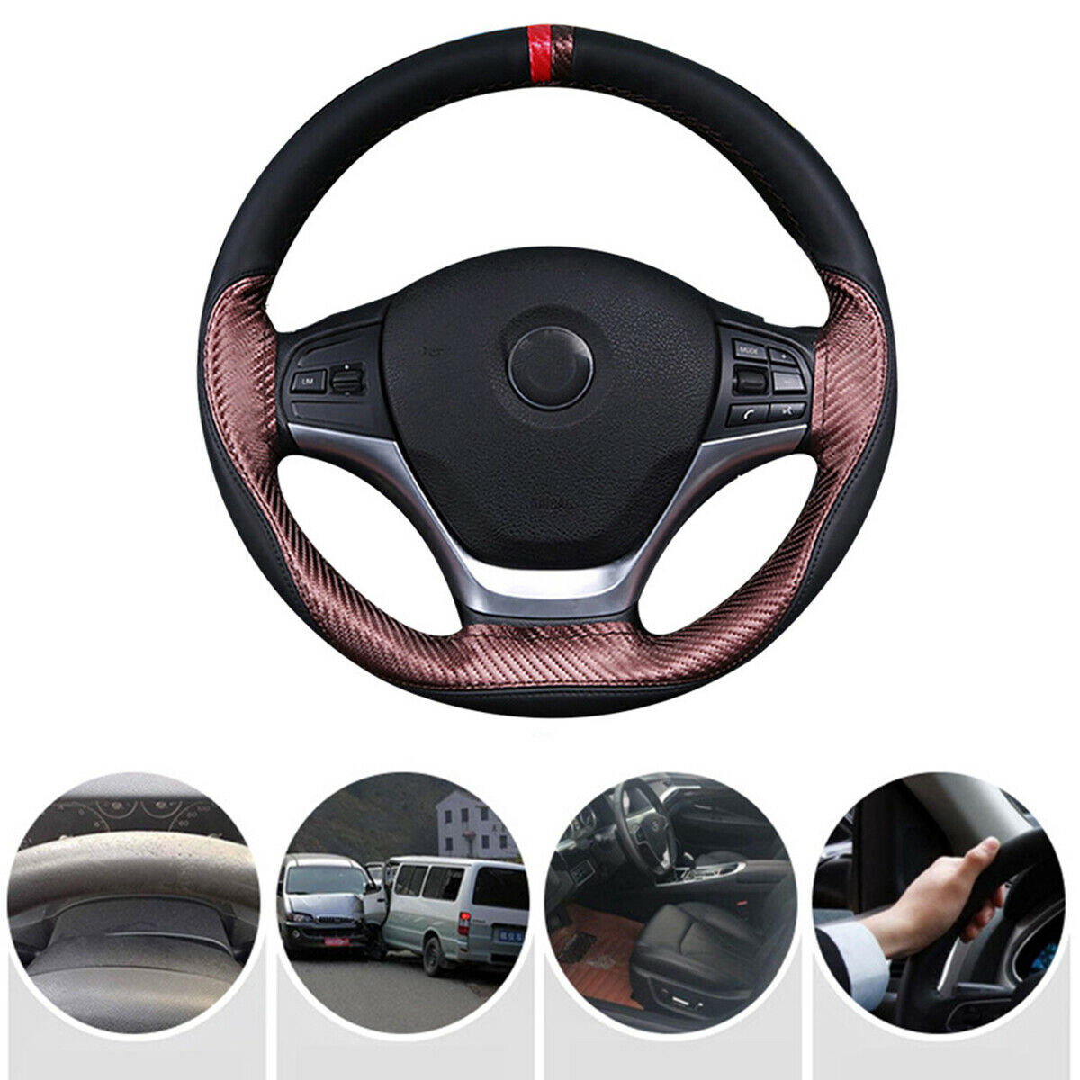 1× Brown Wearproof PU Leather 37-38CM Vehicle Interior Trim Steering Wheel Cover