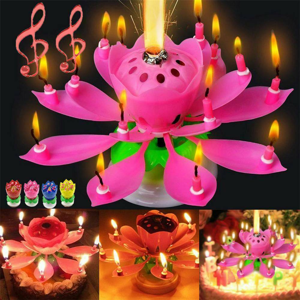 Musical Charming Lotus Flower Rotating Happy Birthday Party Lights Candle Gifts