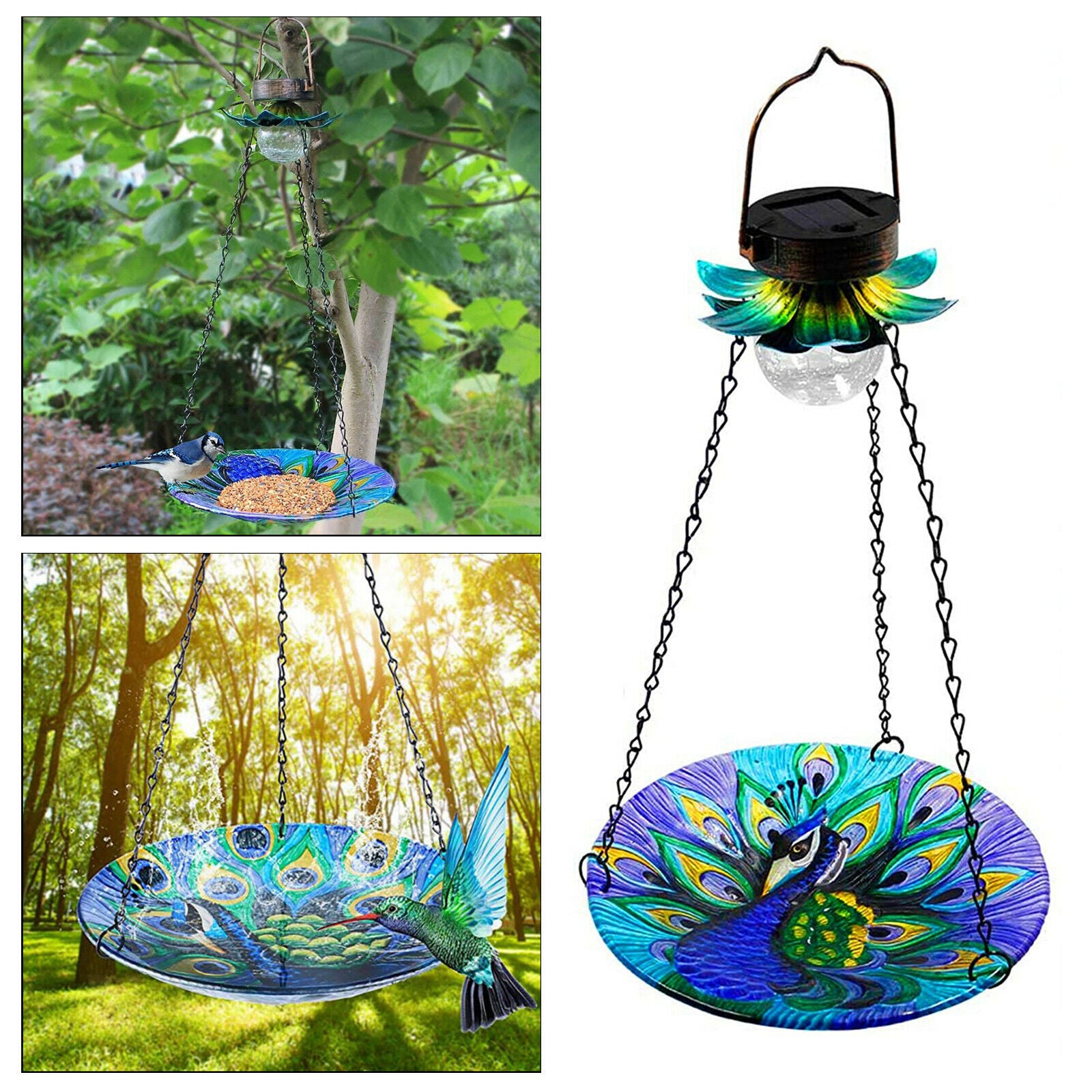 Outside Hanging Solar Bird Feeder Metal Flower Decorative Landscape Lighting