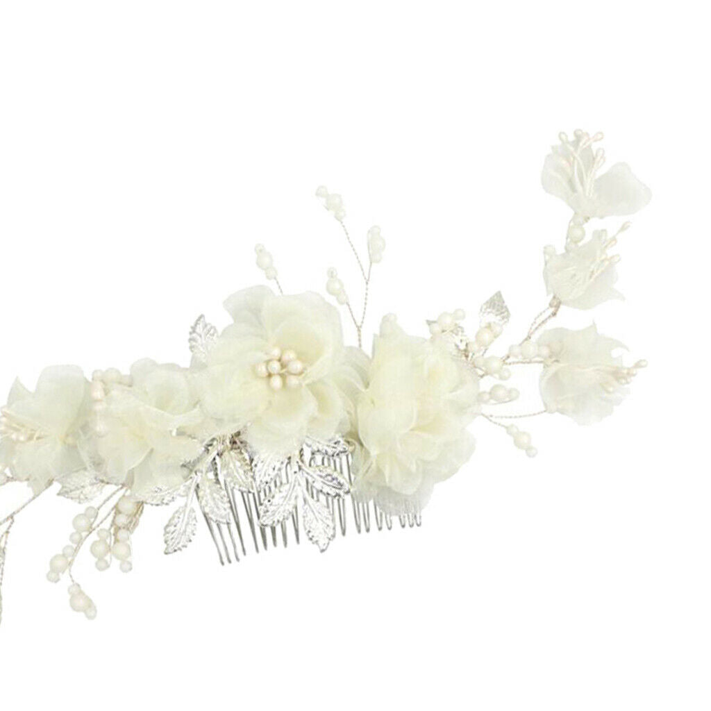 Handmade Chiffon Flowers Tiara Bride Pearls Headdress Hair Comb Headpieces