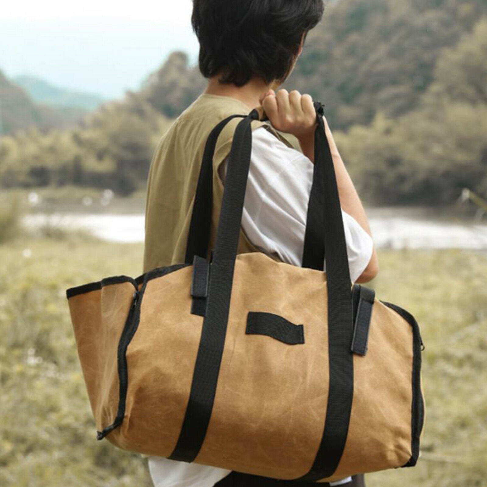 Wax Canvas Firewood Bag Indoor Log Carrier Tote Wood Holder BBQ Accessory