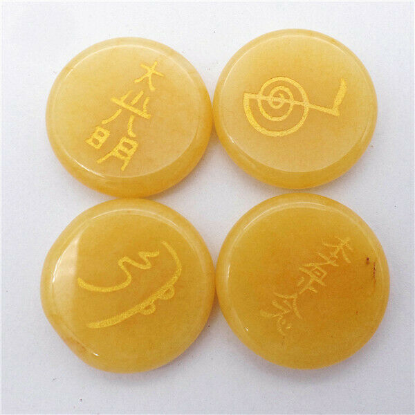 4Pcs 25x6mm Natural Yellow Jade 7 Chakra Symbol Healing Reiki Stone Set HH7685