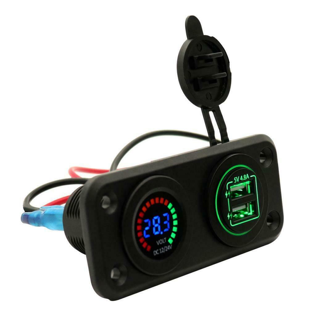 All-In-1 USB Car Socket +LED Voltmeter Panel for Car Vehicle Marine Green