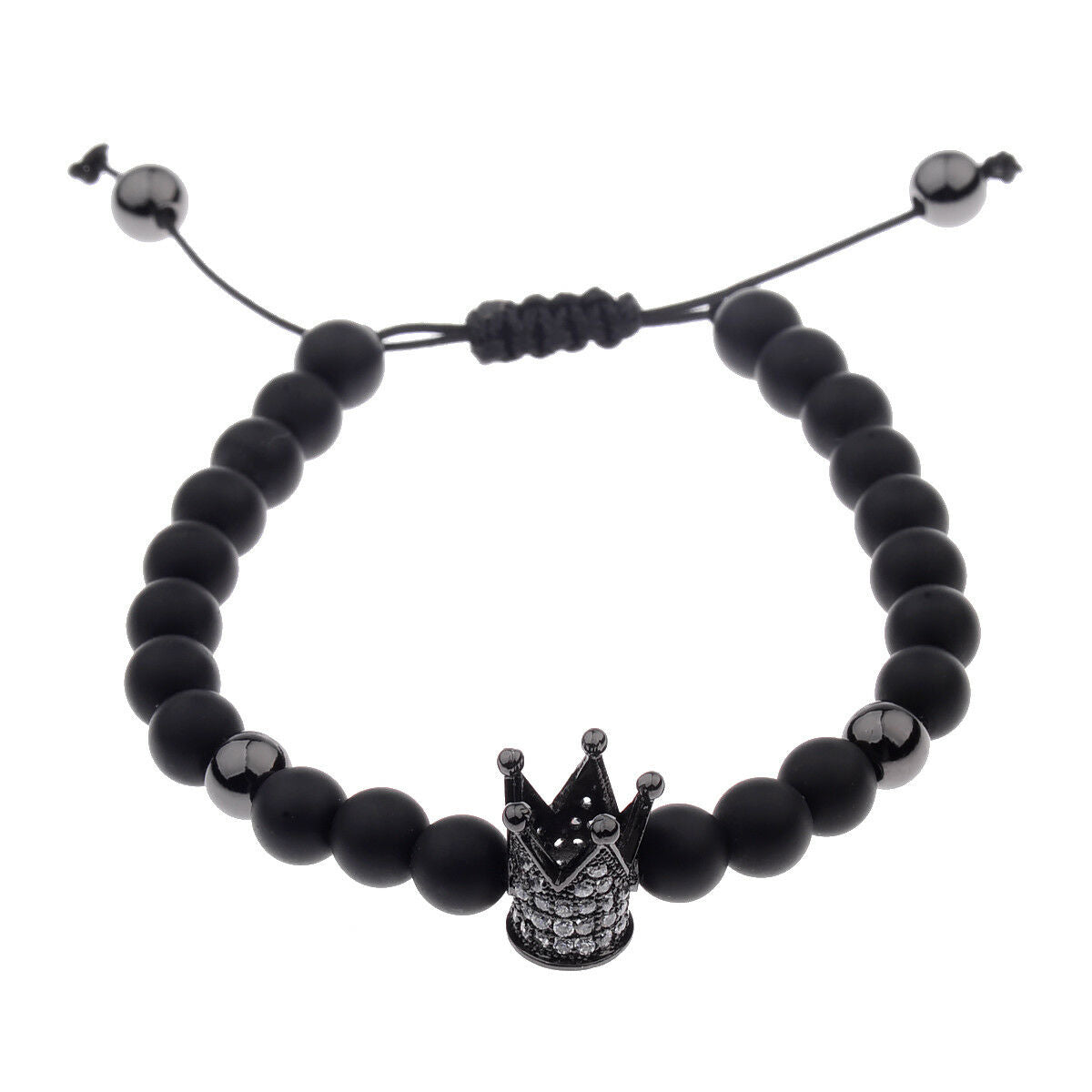 Charm Men Cubic Zircon 24kt Black Plated Crown Bracelet Bead Macrame Bracelets