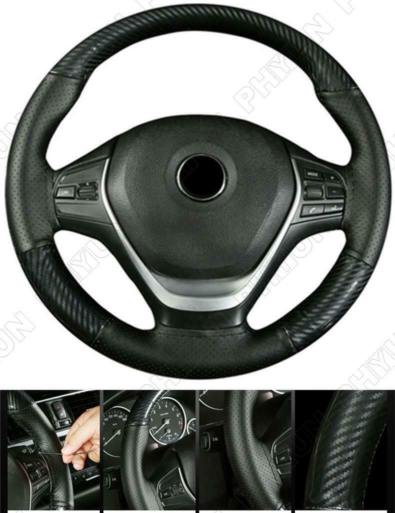Universal Car Steering Wheel Cover Trim Black Carbon Fiber & Leather DIY Sewing