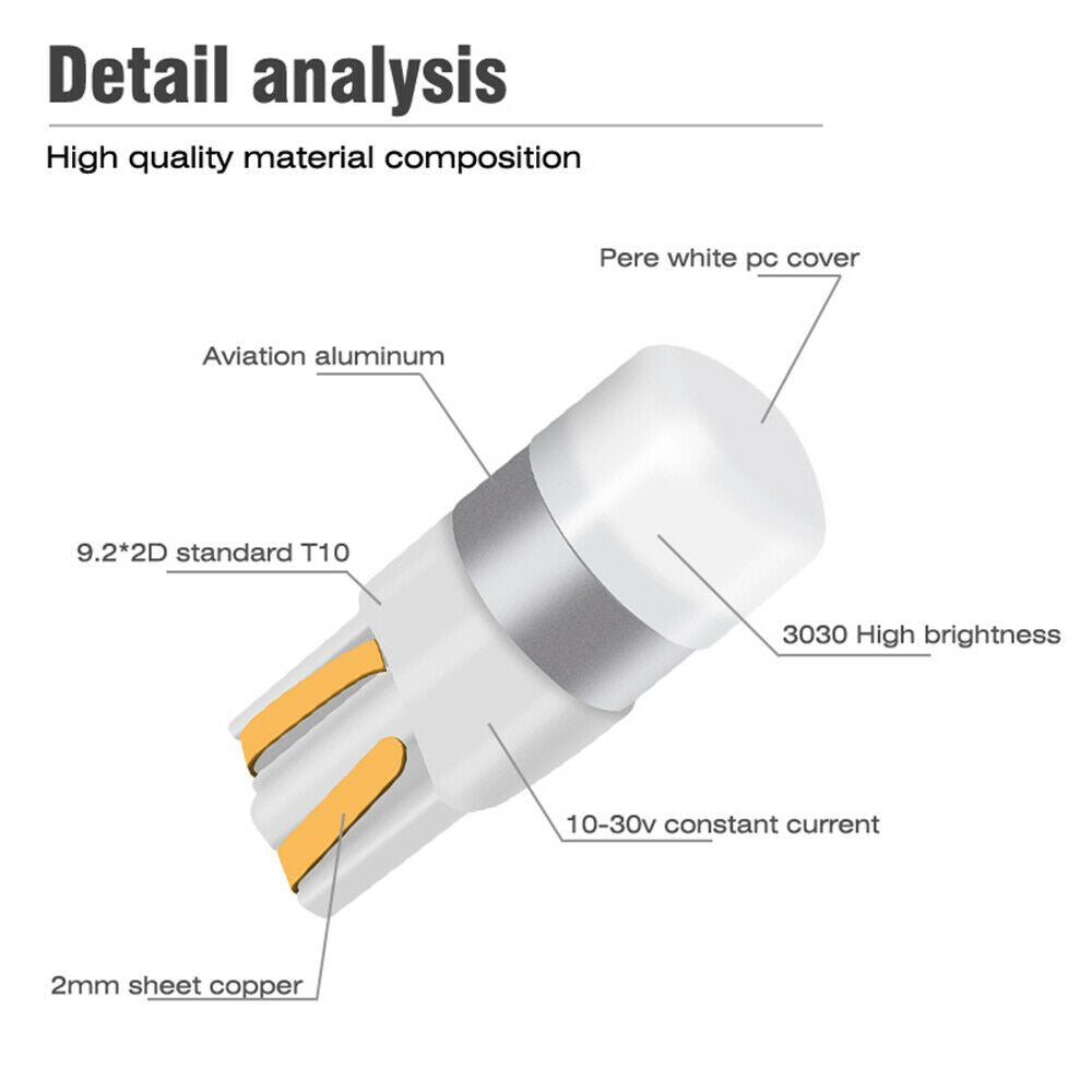 10x Canbus T10 LED Bulb W5W 3030 SMD White Car Width Interior Reading Lamp 12V