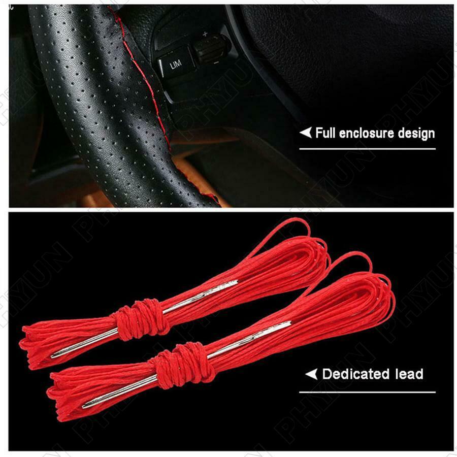 38cm DIY Hand Sewing Car Steering Wheel Cover Premium Leather Black & Red Line