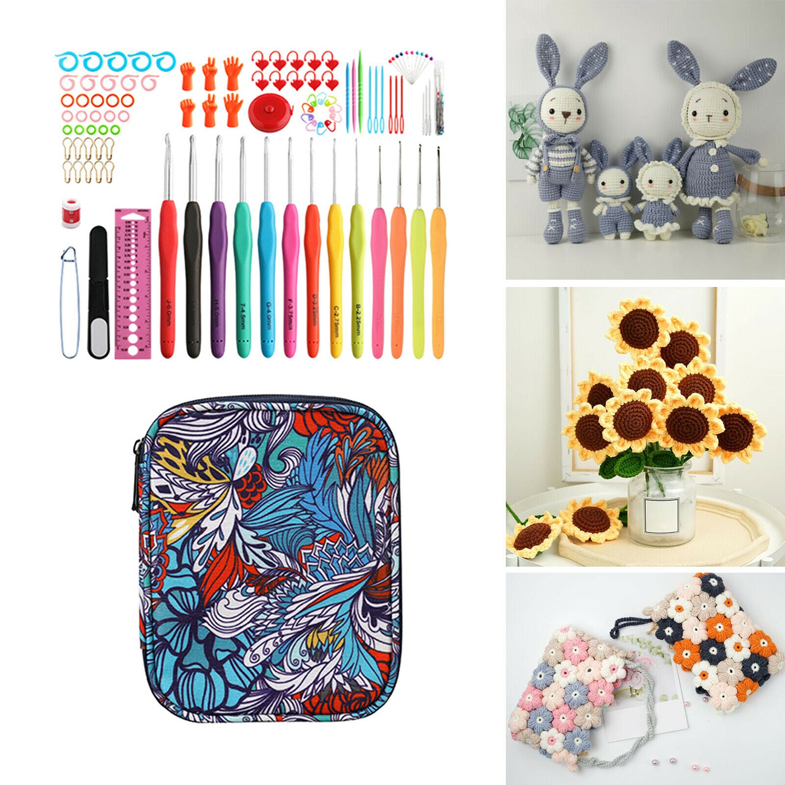 102PCS Crochet Hooks Kit with Case Set Sewing Project Knitting Needles Tools