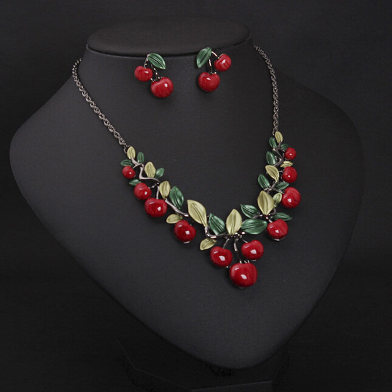 1 Set Fashion Red Cherry Jewelry Set Metal Bridal Necklace Earring.l8