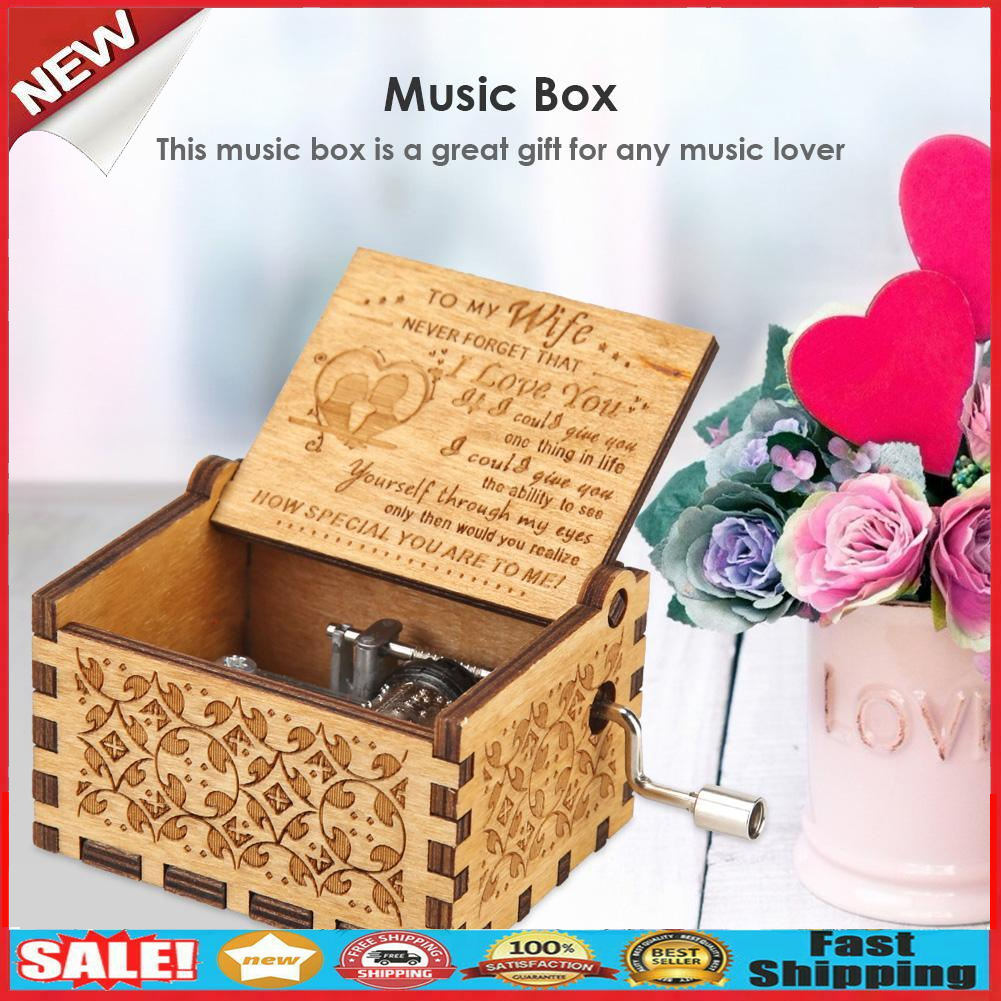 Retro Hand Cranked Music Box Wood Carved Kid Child Birthday Gift Home Decor @