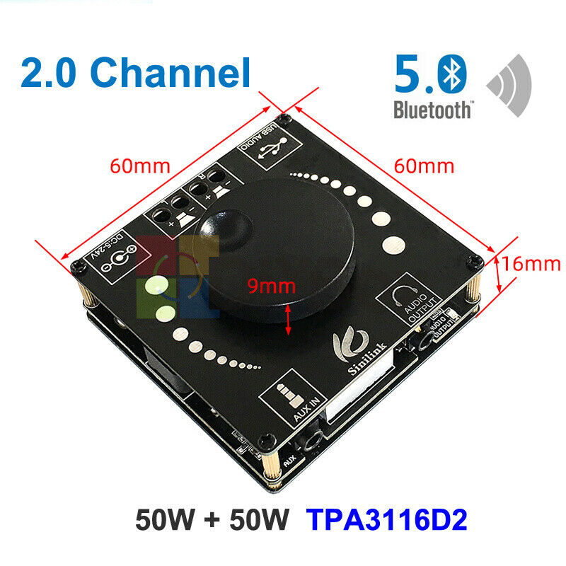 TPA3116D2 Bluetooth5.0 Audio Stereo HIFI AUX USB 50Wx2 Digital Amplifier Board
