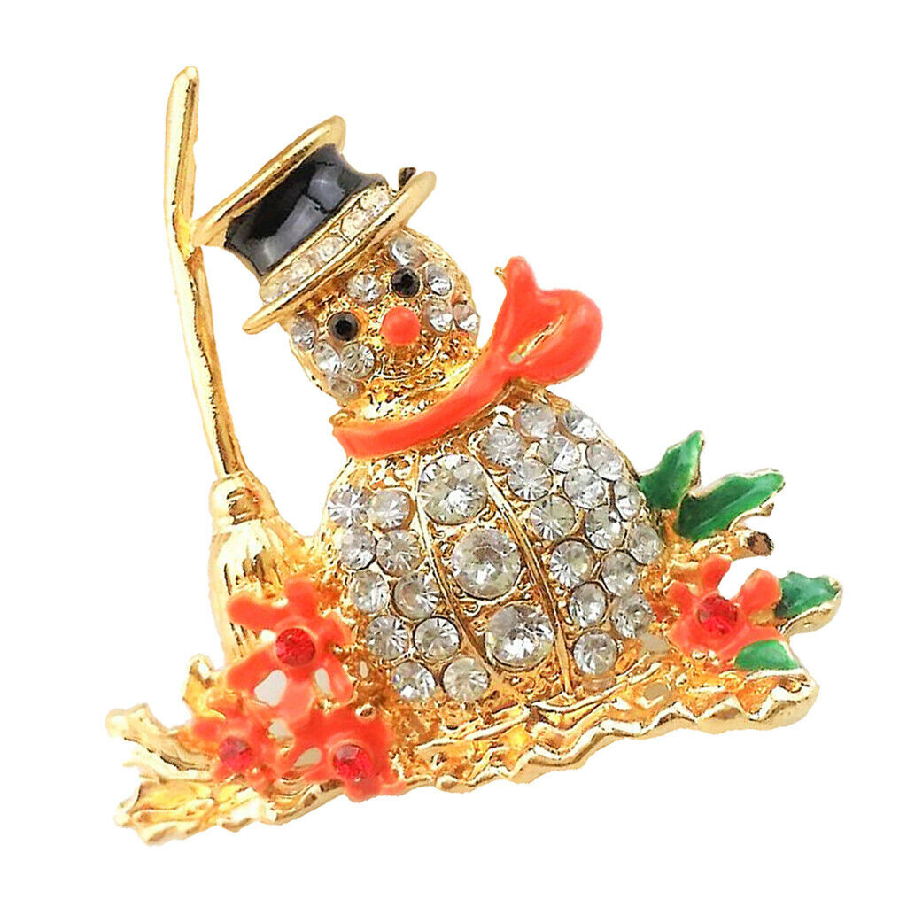 Rhinestone Snowman Broom Christmas Kids Lady Collar Lapel Boutonniere Pin