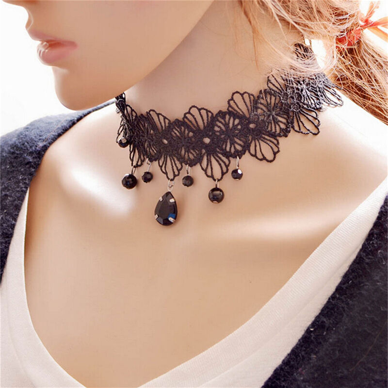 Fashion Gothic Black Lace Retro Choker Collar Flowers Pendant Necklace Jewelry