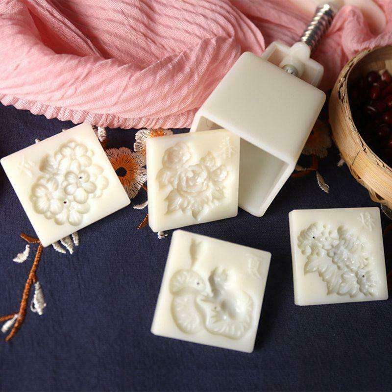 Four Season Flowers Square Hand Pressed Mooncake Mold 4 Stamps Baking Tools