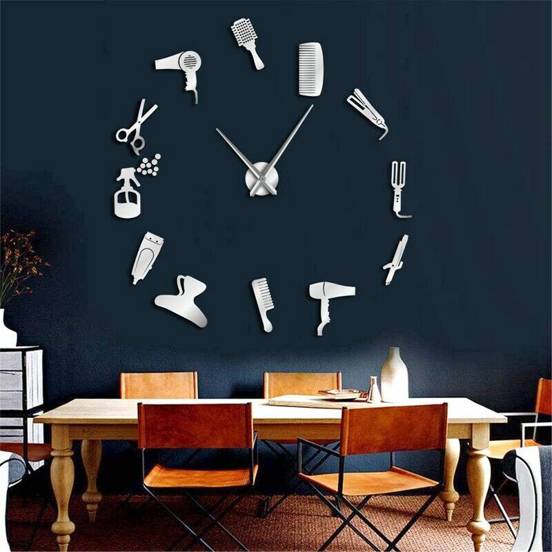 Diy Barber Shop Giant Wall Clock with Mirror Effect Barber Toolkits DecorativeY8