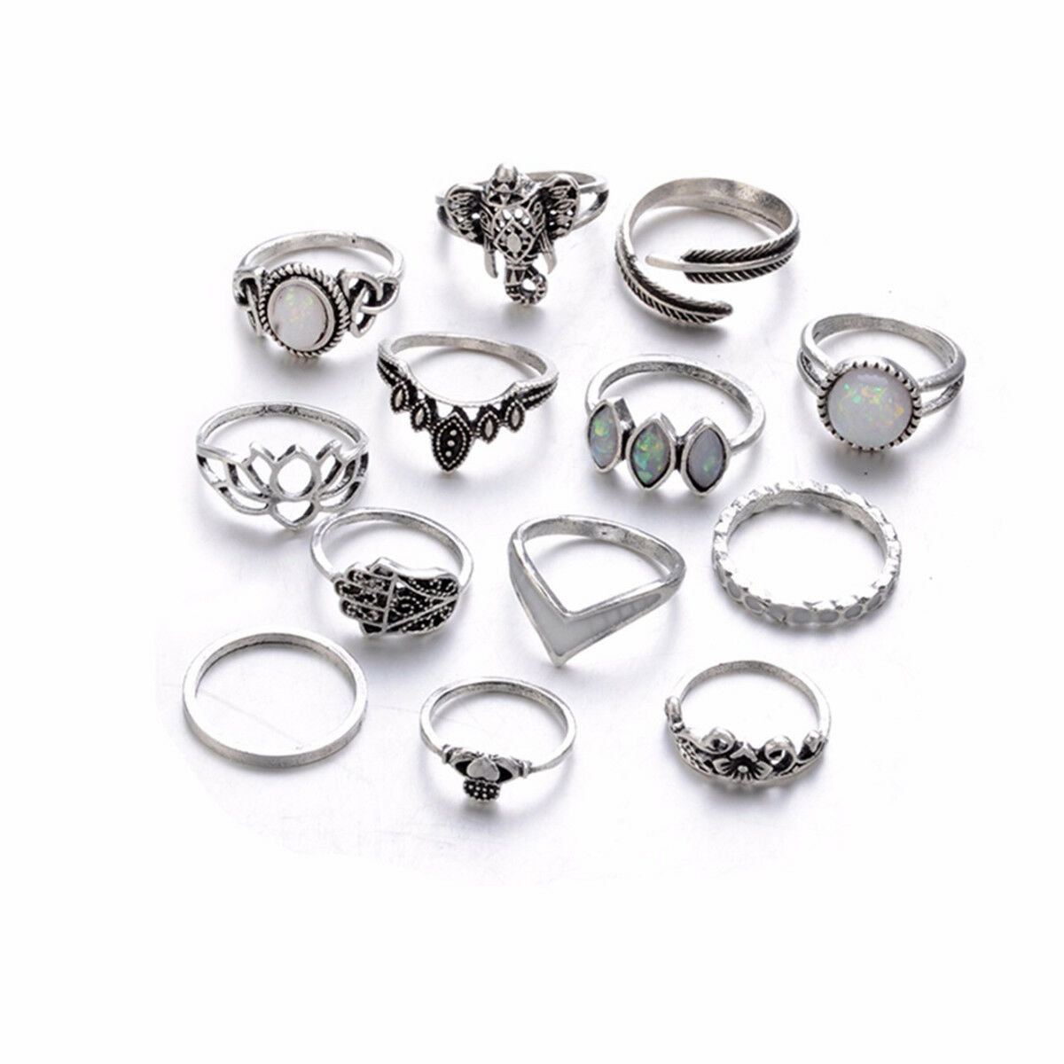 13 PCS/Set Boho Fatima Elephant Lotus Knuckle Rings Opal Rings Set Jewelry