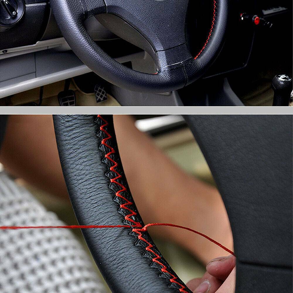 Genunie Leather Auto Car Steering Wheel DIY Cover With Needles Thread Decor