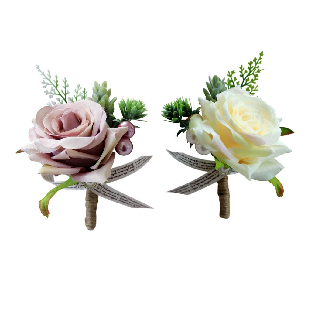 2Pcs Silk Boutonniere Corsage Wrist Corsage Groom Man Flowers Accessories