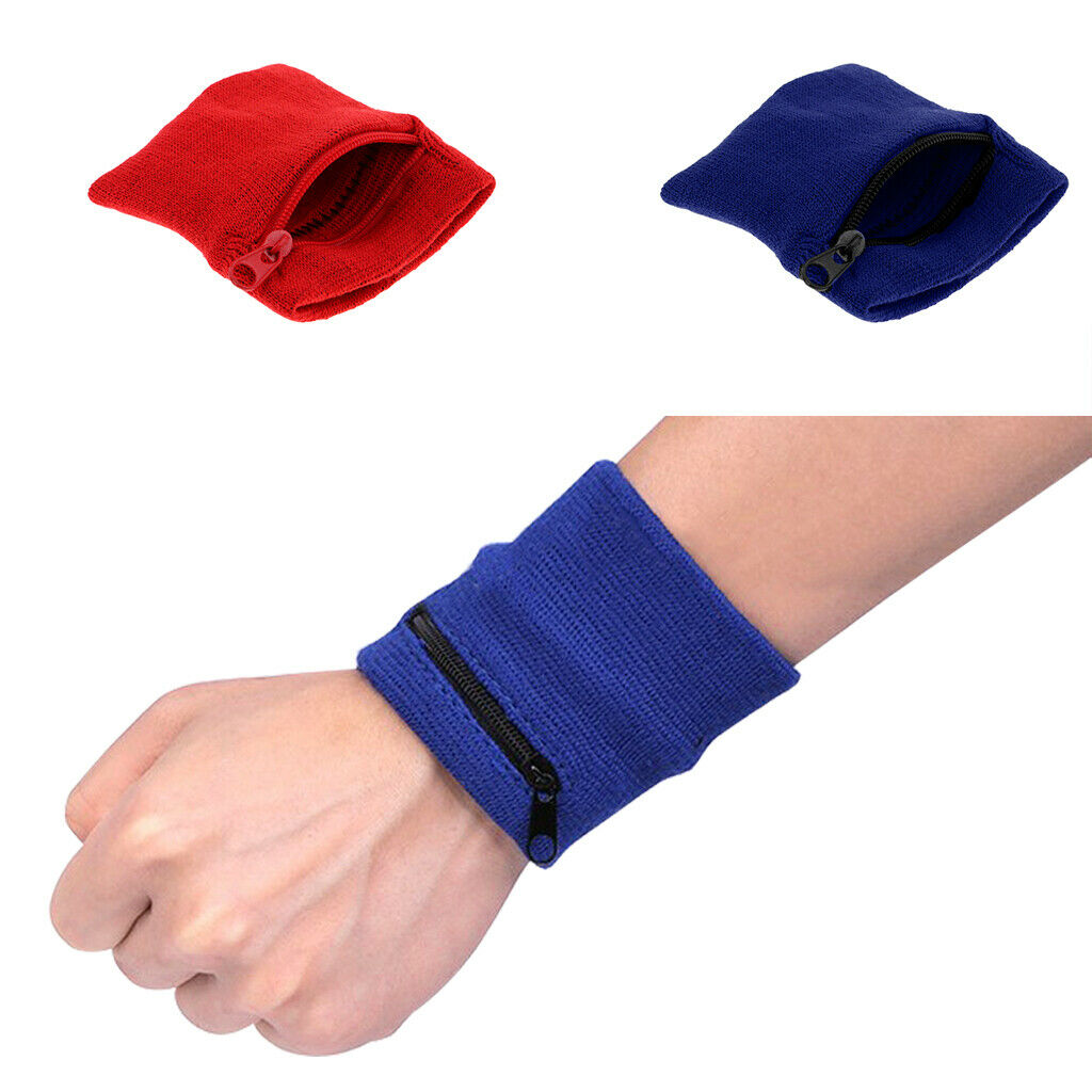 2X Zipper Pocket Gym Sports Wristbands Running Cycling Wrist Band Sweatband