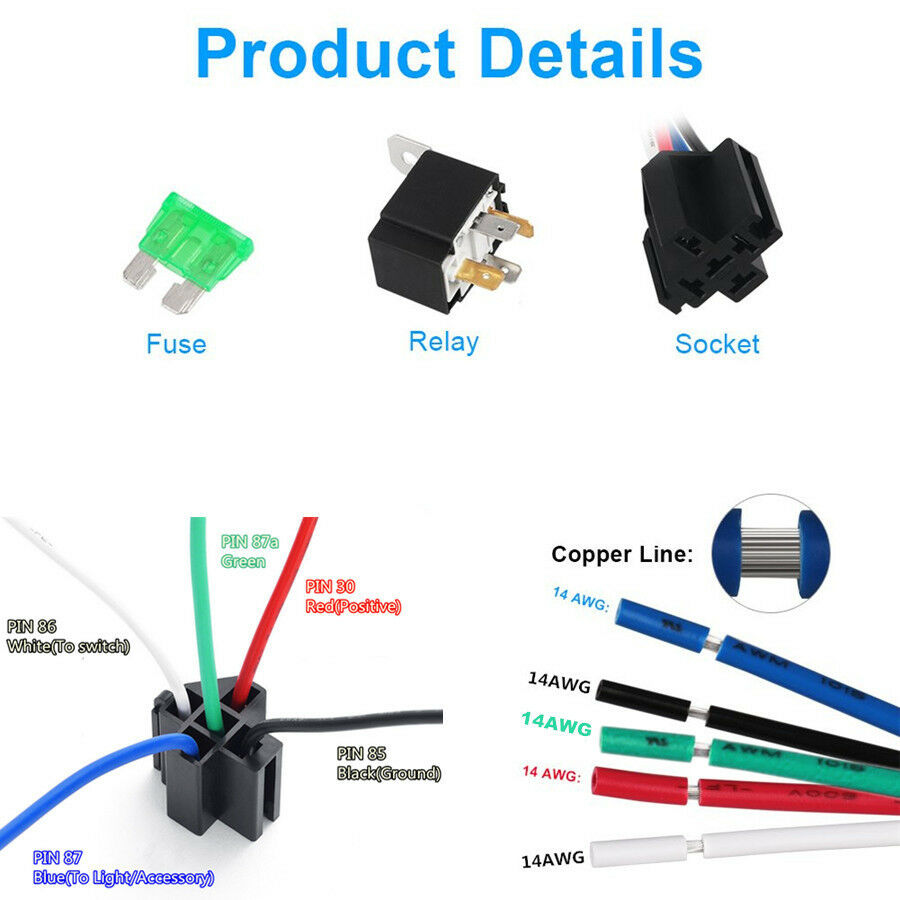 6pcs Car Relay Switch Harness Set 12V 5PIN SPDT 30AMP Fuse Holder 14AWG Hot Wire