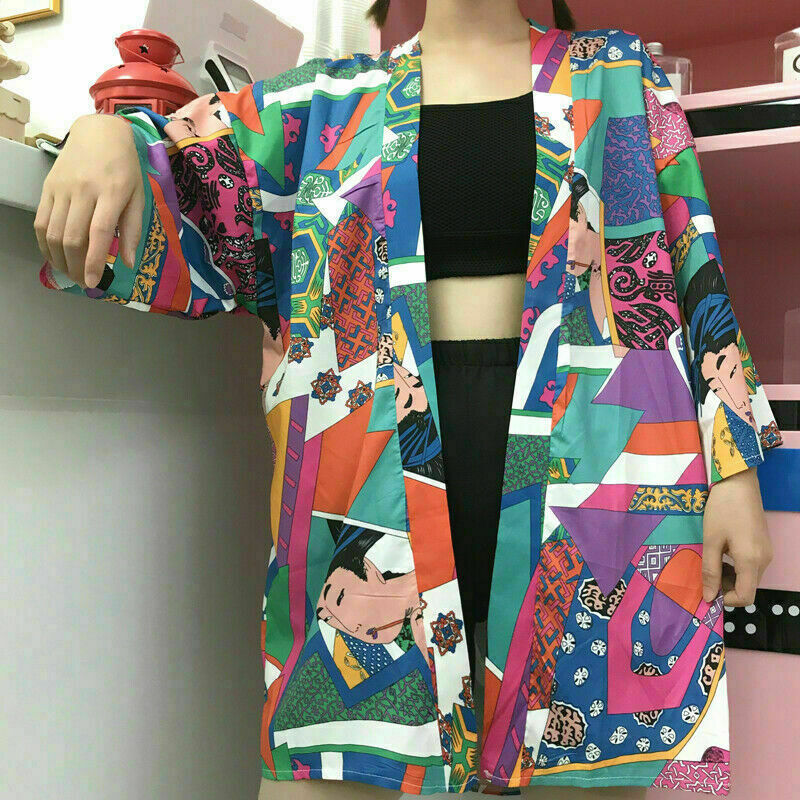 Japanese Women Kimono Jacket Coat Cardigan Outwear Top Retro Haori Harajuku