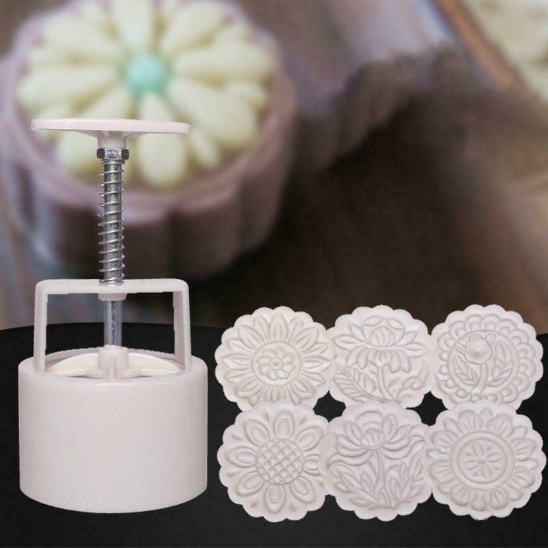 DIY 150g Mooncake Barrel Mold  6pcs Flower Stamps Hand Press Moon Cake Pastry