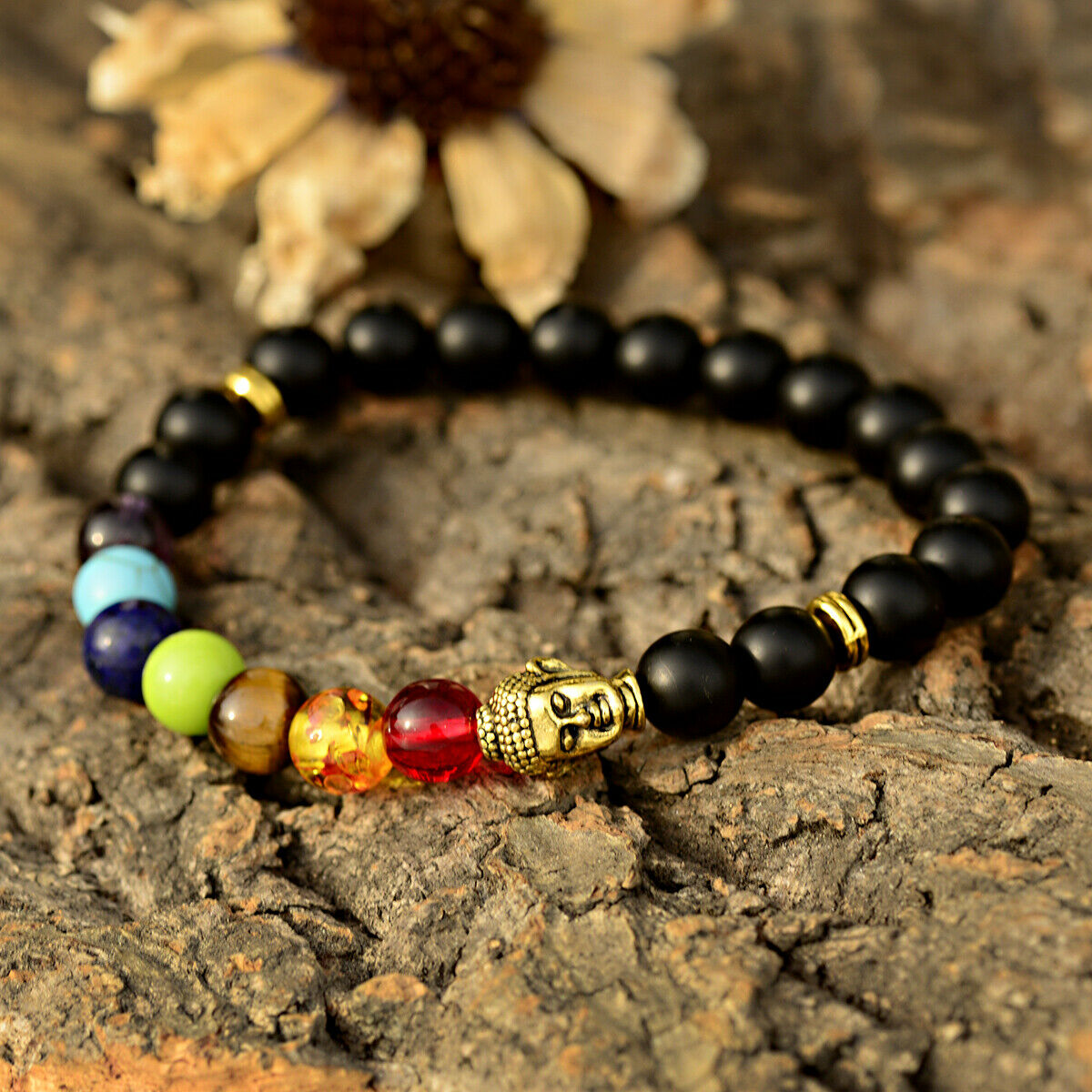7 Chakra Healing Balance Beaded Yoga Reiki Golden Buddha Natural Stone Bracelets