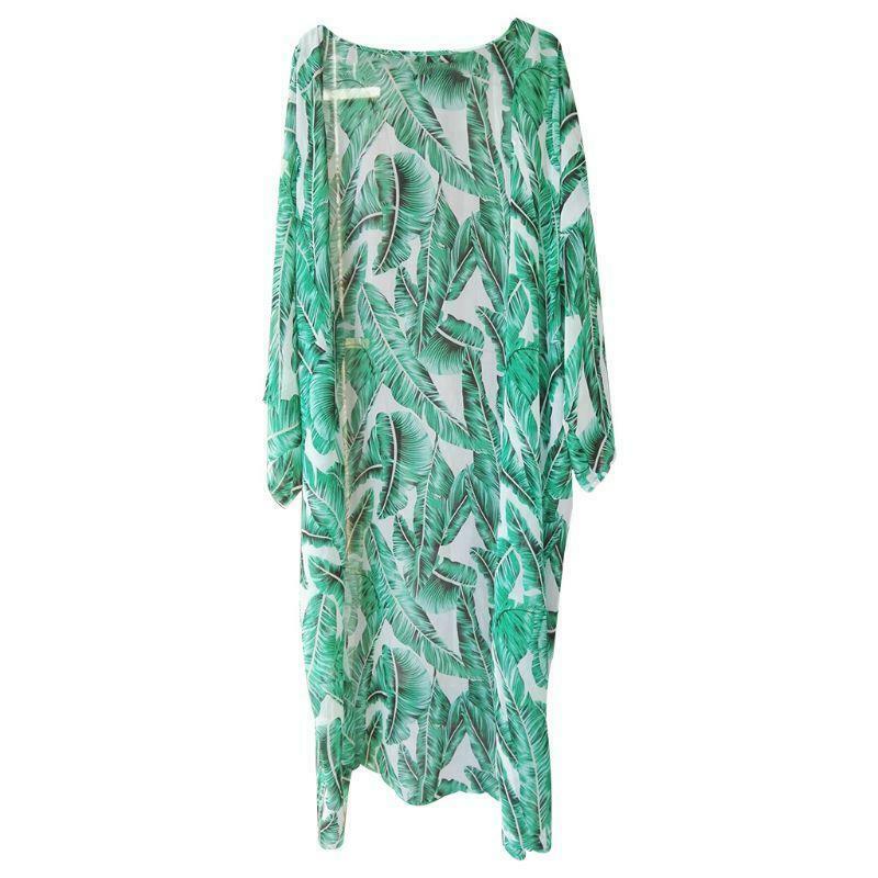 Womens Summer Chiffon Semi-Sheer Maxi Kimono Cardigan Top Green Tropical Banana