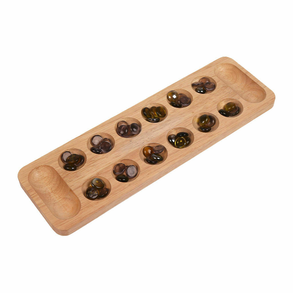 Portable Classic Wooden Mancala Board Game w/ 48 Glass Stones Set Strategy Game