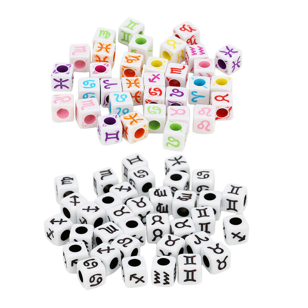 100x Colored Acrylic Cube Beads with Zodiac Designs DIY Jewelry Charm