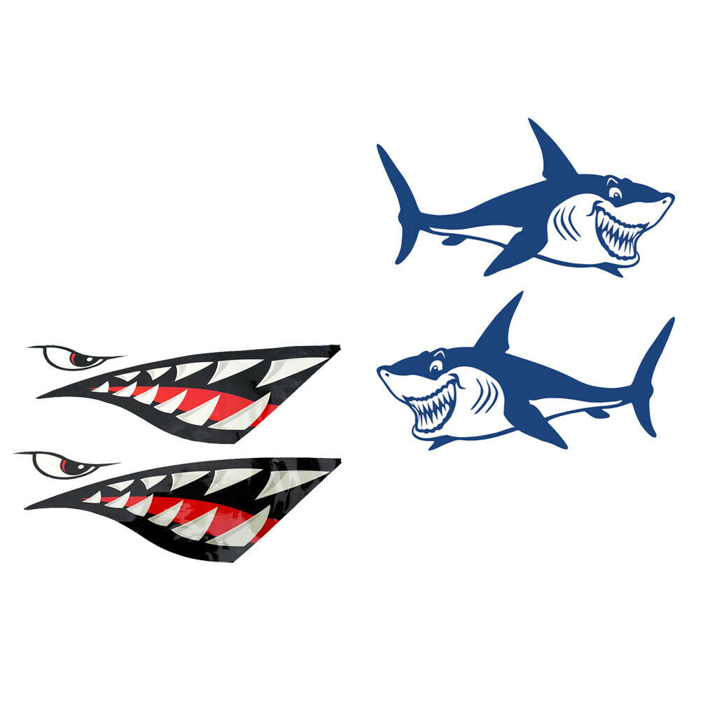 4 Pieces Shark + Shark Teeth Decals Stickers Kayak Fishing Boat Car Graphics